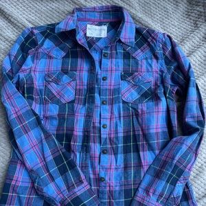 Long sleeve relaxed plaid flannel Shirt blue size L